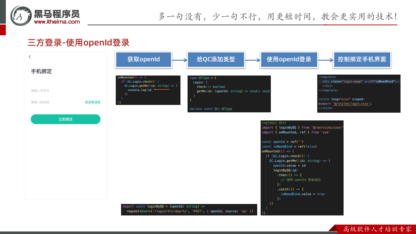 课件第7页:三方登录-使用openId登录 获取openId 给QC添加类型 使用openI